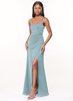 Azazie Maci Bridesmaid Dresses Moody Blue A-Line V-Neck Pleated Stretch Satin Dress image3