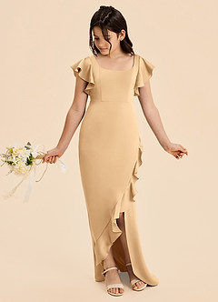 Azazie Demi Junior Vestido de Oro de Satén Elástico de Corte en A con Lazo image3