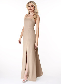 Azazie Jay Bridesmaid Dresses Taupe A-Line Square Neckline Side Slit Chiffon Dress image4