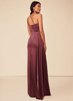 Azazie Maron Bridesmaid Dresses Merlot A-Line One Shoulder Stretch Satin Dress image4