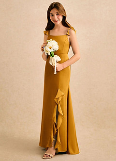 Azazie Novalie Girls Formal Flower Girl Dresses Butterscotch Mermaid Bow Stretch Satin Dress image2