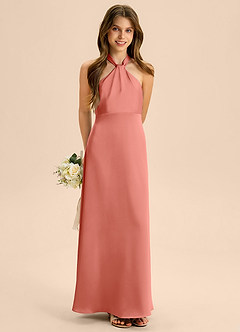 Azazie Beah Junior Salmon Pink A-Line Pleated Stretch Satin Dress image4