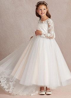 Azazie Elodie Blumenmädchenkleider Ballkleid Spitze Kleid Elfenbein Weißer Alabaster image5