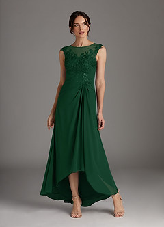 Azazie Endora At-home Try On Dresses Dark Green A-Line Scoop Lace Chiffon Dress image1