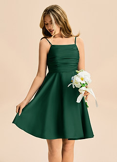 Azazie Miko Junior Dark Green A-Line Pleated Stretch Satin Dress image4