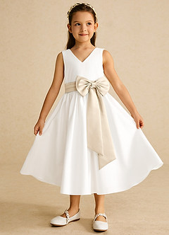 Azazie Darling Flower Girl Dresses Ivory Champagne A-Line Bow Cotton Dress image2