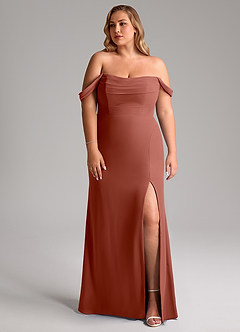 Azazie Saige Vestidos de madrinha de casamento Vestir Castanho Aloirado de Chiffon de Linha A com Fora do ombro image10