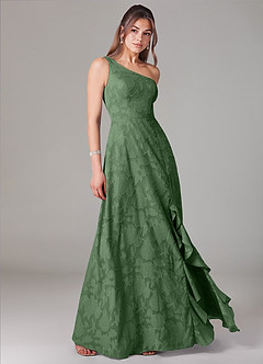 Azazie Ellianna Vestidos de damas de honor Vestido de Eucalipto de Devorado Floral de Corte en A con Hombro unilateral image3