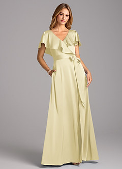 Azazie Lainey Jurken voor bruidsmeisjes Jurk van Stretch Satijn met A-Lijn met Zakken Citroensorbet image1