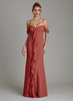 Azazie Karmela Bridesmaid Dresses Terracotta A-Line Off the Shoulder Chiffon Dress image4