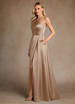Azazie Easton Mother of the Bride Dresses Taupe A-Line One Shoulder Stretch Satin Dress image2