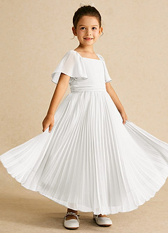 Azazie Bun Bun Robe Demoiselle D'honneur Fillette Robe Trapèze en Mousseline de soie Plissée Blanc De Diamant image1