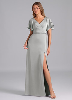 Azazie Ambrosia Bridesmaid Dresses Silver A-Line Pleated Stretch Satin Dress image1