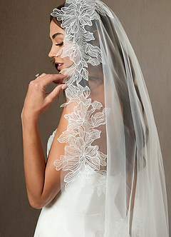 front Embroidered Floral Lace Hem Chapel Length Draped Blusher Veil