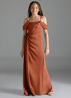 Azazie Amyra Junior Cedar Rose Sheath Off the Shoulder Stretch Satin Dress image1