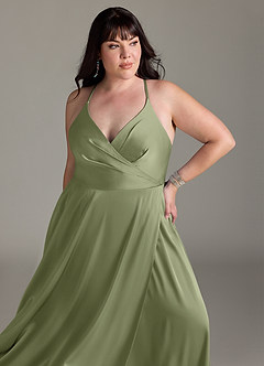 Azazie Davis Robes de demoiselle d'honneur Robe Trapèze en Satin extensible Plissé Sauge Des Jardins image11
