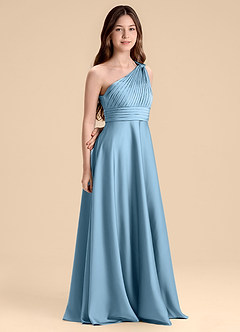 Azazie Charlize Junior Abito A-Line in Raso Elasticizzato Plissettato Blu Acciaio image3