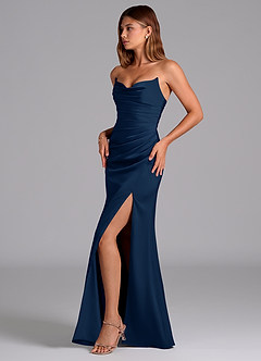 Azazie Claudelle Brautjungfernkleider Meerjungfrau-Linie Schulterfrei Stretch-Satin Kleid Dunkelmarine image3