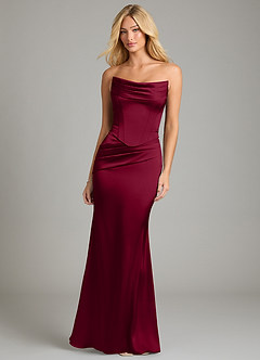 Azazie Sorrel Bridesmaid Dresses Burgundy Mermaid Strapless Stretch Satin Convertible Dress image5