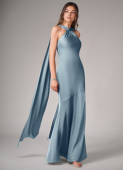 Azazie Kinsley Bridesmaid Dresses Dusty Blue Mermaid Side Slit Stretch Satin Dress image3