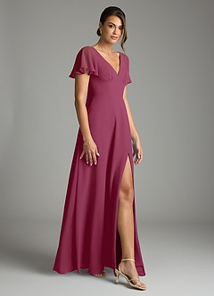 Azazie Kimber Bridesmaid Dresses Mulberry A-Line Flounce Sleeve Chiffon Dress image6