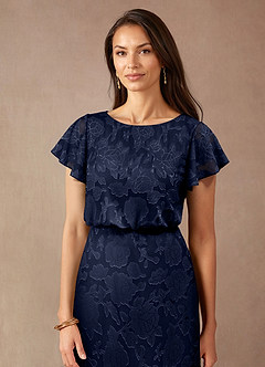 Azazie Lehi Mother of the Bride Dresses Dark Navy A-Line Boatneck Floral Burnout Dress image5