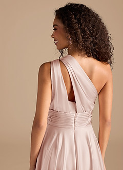 Azazie Charlize Bridesmaid Dresses Blushing Pink A-Line One Shoulder Metallic Satin Dress image6