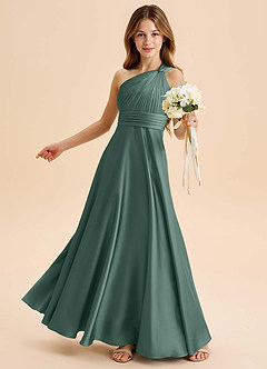 Azazie Charlize Junior A라인 주름진 스트레치 새틴 플로어 길이 주니어 신부 들러리 드레스 image4