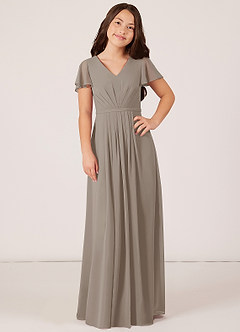 Azazie Peony Junior Taupe A-Line Pleated Chiffon Dress image1