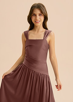 Azazie Dotty Junior A-Linie Plissee Stretch-Satin Kleid Espresso image7