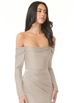 Azazie Hallie Bridesmaid Dresses Frost Sheath Off-The-Shoulder Long Sleeve Stretch Satin Convertible Dress image1