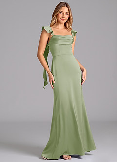 Azazie Adi Bridesmaid Dresses Dusty Sage A-Line Pleated Stretch Satin Dress image5