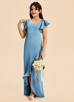 Azazie Demi Junior Vestido de Azul Acero de Satén Elástico de Corte en A con Lazo image4