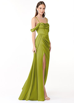 Azazie Amyra Jurken voor bruidsmeisjes Converteerbaar Jurk van Stretch Satijn met Zeemeermin Off the Shoulder Citroengras image6