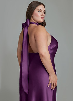 Azazie Velli Bridesmaid Dresses Plum Sheath High Neck Metallic Satin Dress image14