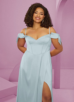 Barbie ♥ Azazie Bridesmaid Dresses Mist A-Line Off the Shoulder Stretch Satin Dress image6