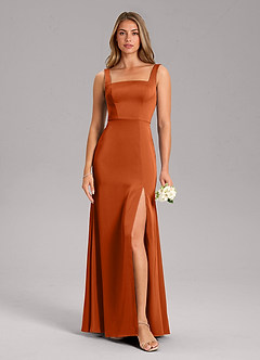 Azazie Frostine Bridesmaid Dresses Burnt Orange A-Line Bow Stretch Satin Dress image3