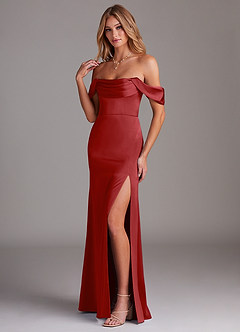 Azazie Saige Bridesmaid Dresses Pomegranate Sheath Off the Shoulder Stretch Satin Dress image5