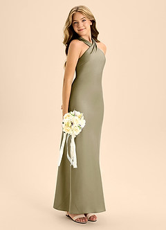 Azazie Doretta Junior Moss Green A-Line Pleated Stretch Satin Dress image7