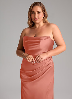 Azazie Leonis Robes de demoiselle d'honneur Robe Sirène Convertible en Satin extensible Plissée Rose Saumon image10