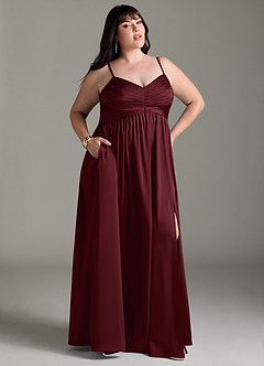 Azazie Alia Bridesmaid Dresses Cabernet A-Line Pleated Stretch Satin Dress image11