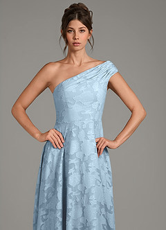 Azazie Melanie Vestidos de damas de honor Vestido de Azul Cielo de Devorado Floral de Línea A con Hombro unilateral image5