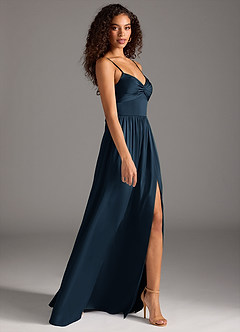 Azazie Zeya Bridesmaid Dresses Dark Navy A-Line Pleated Stretch Satin Dress image6