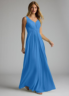 Azazie Gina Bridesmaid Dresses Blue Jay A-Line V-Neck Pleated Chiffon Dress image3