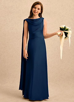 Azazie Sanah Girls Formal Flower Girl Dresses Dark Navy A-Line Pleated Stretch Satin Dress image3