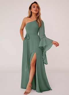 Barbie ♥ Azazie Bridesmaid Dresses Eucalyptus A-Line Long Sleeve Chiffon Dress image3