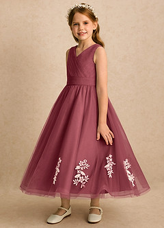 Azazie Rylie vestidos de niña de las flores Vestido Merlot de Tul de Línea A con Encaje image4