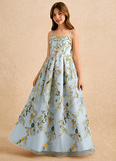 Azazie Lark Girls Formal Blomsterpigekjoler A-Line Plisseret Blonder Gulv-længde Kjole image3