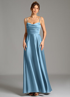 Azazie Ayla Abiti da Damigella Abito A-Line in Raso Elasticizzato Corsetto Blu Acciaio image5