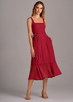 Azazie Deb Brautjungfernkleider Wandelbar A-Linie mit Taschen Chiffon Kleid Scharlachrot image4